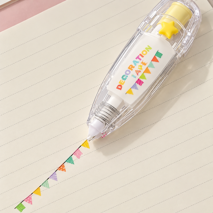 Clear decorative tape dispenser with a yellow star detail and a multicolor pennant pattern.