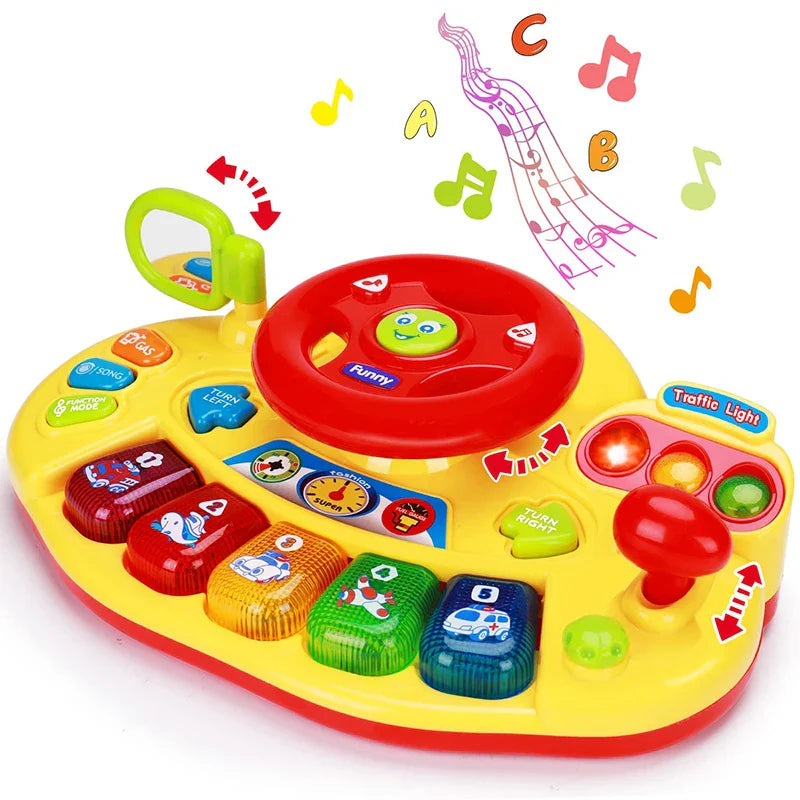 Yellow steering wheel and keyboard toy with colorful keys, a red gear lever and traffic light buttons