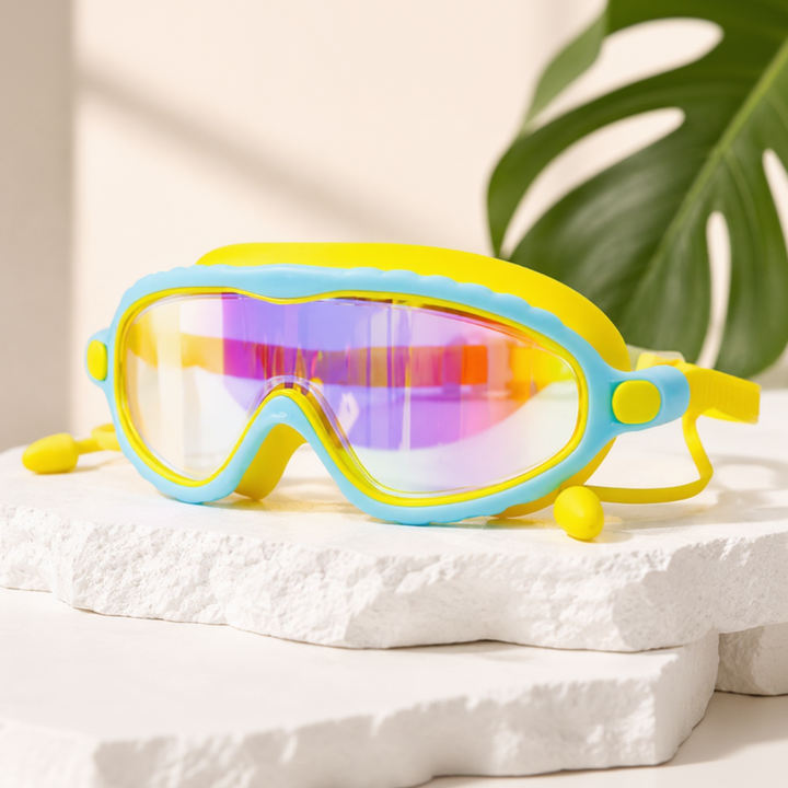 Yellow-and-blue swimming goggles with mirrored lenses and yellow earplugs