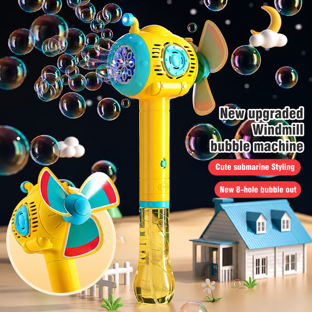 Yellow submarine-style bubble blower with bubbles around its front outlet and a colorful windmill-style propeller.