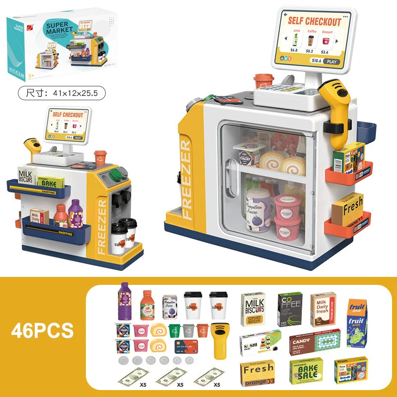 Yellow 46-piece supermarket play set with groceries, scanner, play money and accessories