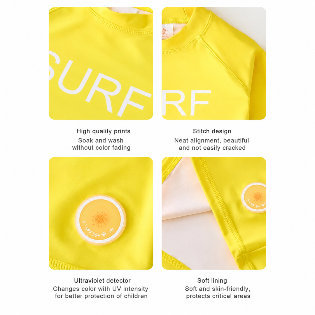 Yellow swim shirt close-ups showing printed lettering, shoulder seams, a circular patch, and folded fabric