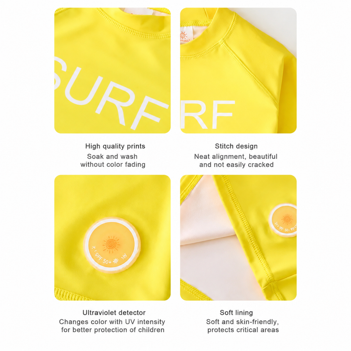 Yellow swim shirt close-ups showing printed lettering, shoulder seams, a circular patch, and folded fabric