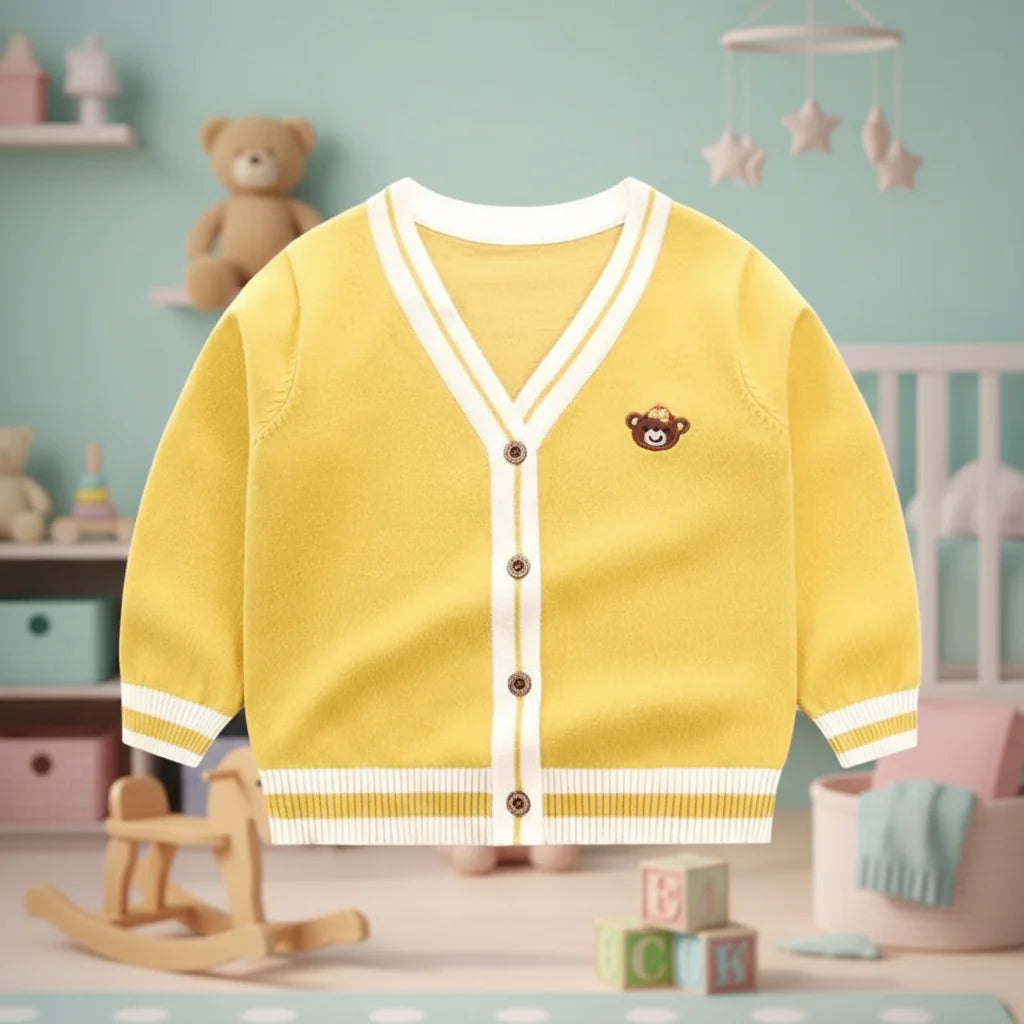 Yellow teddy bear V-neck cardigan with white striped trim and a button front