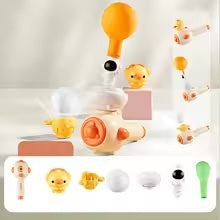 Yellow 3-in-1 blowing set with ball basket, chick-shaped attachment, and balloon activity pieces.