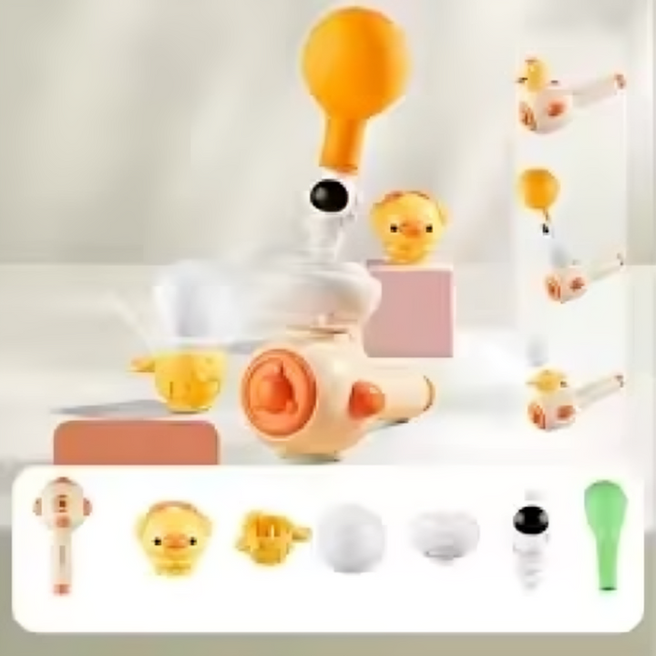 Yellow 3-in-1 blowing toy with its attachments arranged below the activity display.