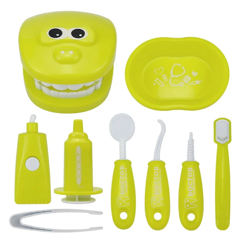 Yellow dentist playset with a tooth model, matching tray, toothbrush, and pretend dental tools