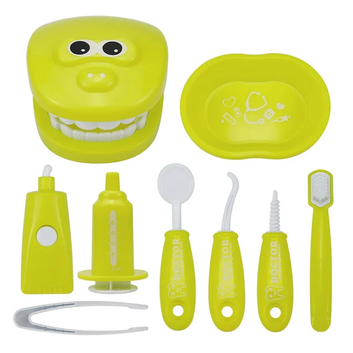 Yellow dentist playset with a tooth model, matching tray, toothbrush, and pretend dental tools