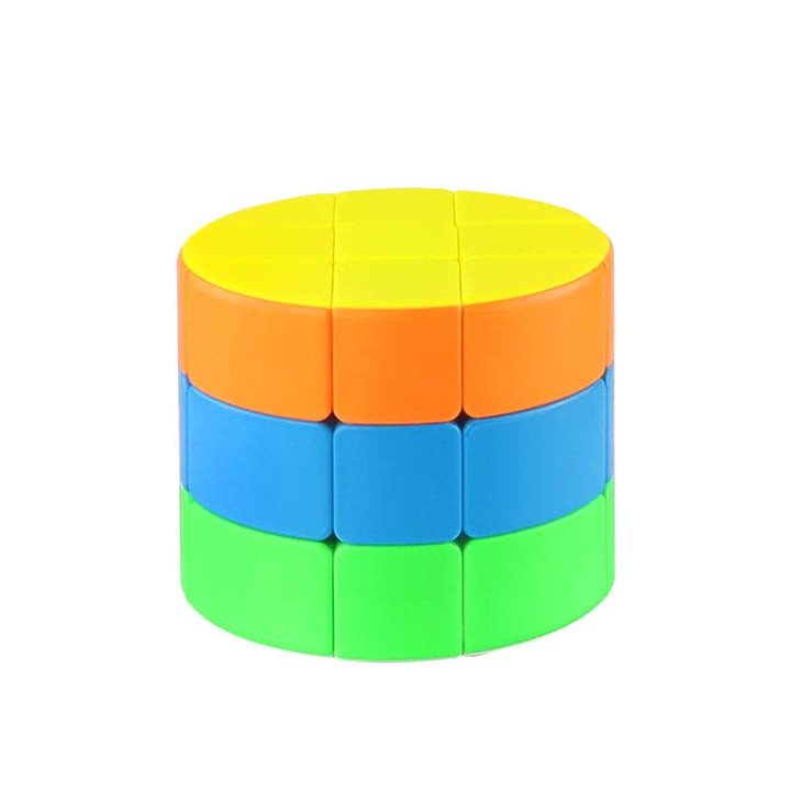 Cylinder twist puzzle with a yellow top and orange, blue, and green bands