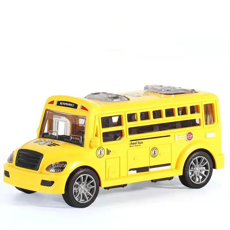 Yellow toy bus with black window trim and silver-colored wheels