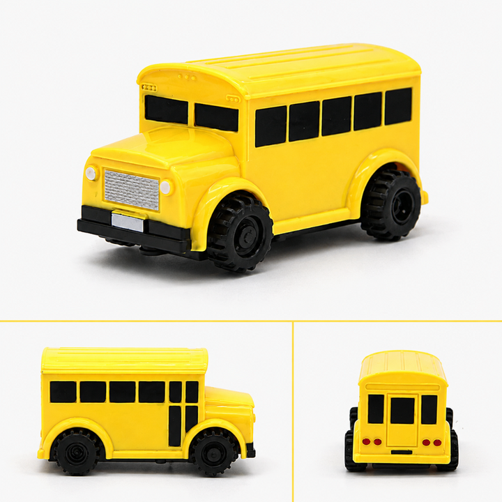 Yellow toy bus shown in three-quarter, side, and rear views