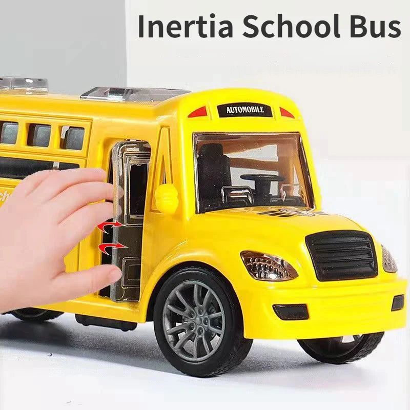 Hand opening the side door of a yellow toy bus