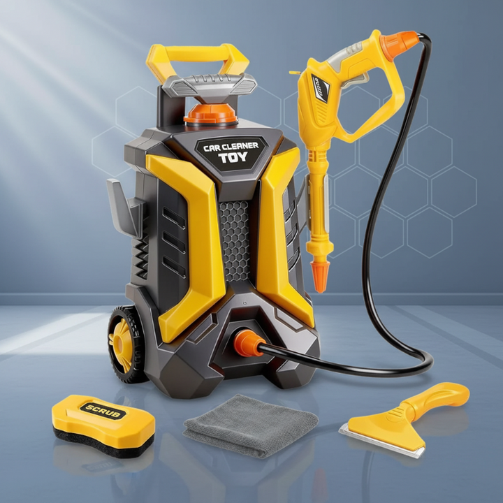 Yellow and gray toy car wash unit with hose, handheld sprayer, cloth, and cleaning tools.