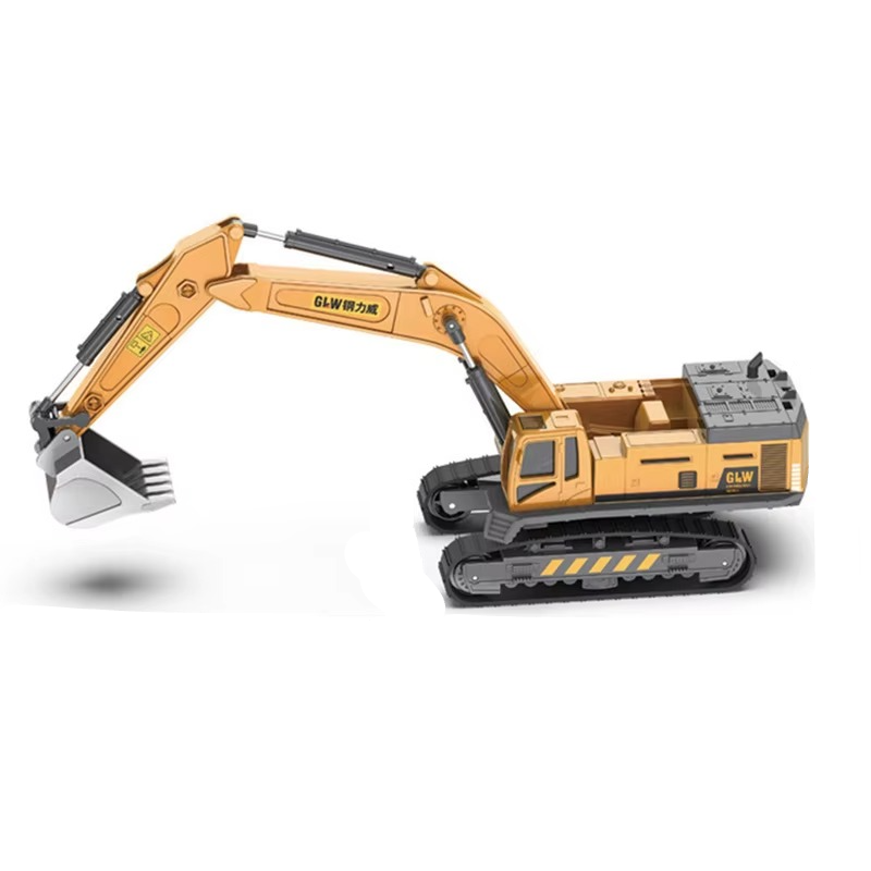 Yellow tracked excavator toy with an extended arm and gray digging bucket