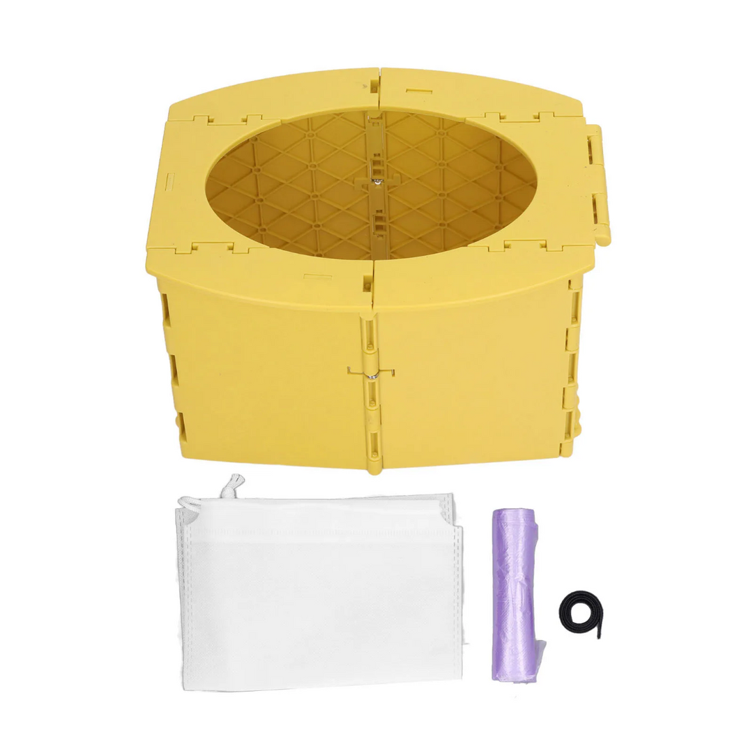 Yellow folding potty with a white storage pouch and a roll of disposable bags