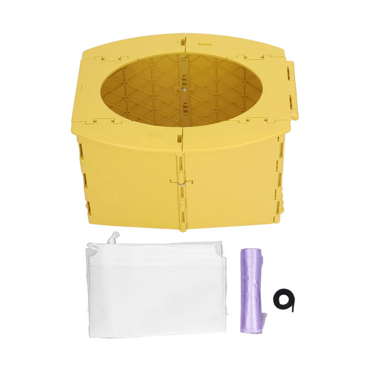 Yellow folding potty with a white storage pouch and a roll of disposable bags
