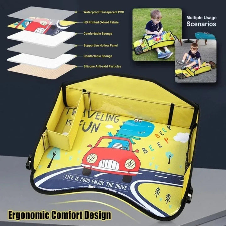 Yellow travel tray with a diagram showing its layered surface, padding, support panel and grip base