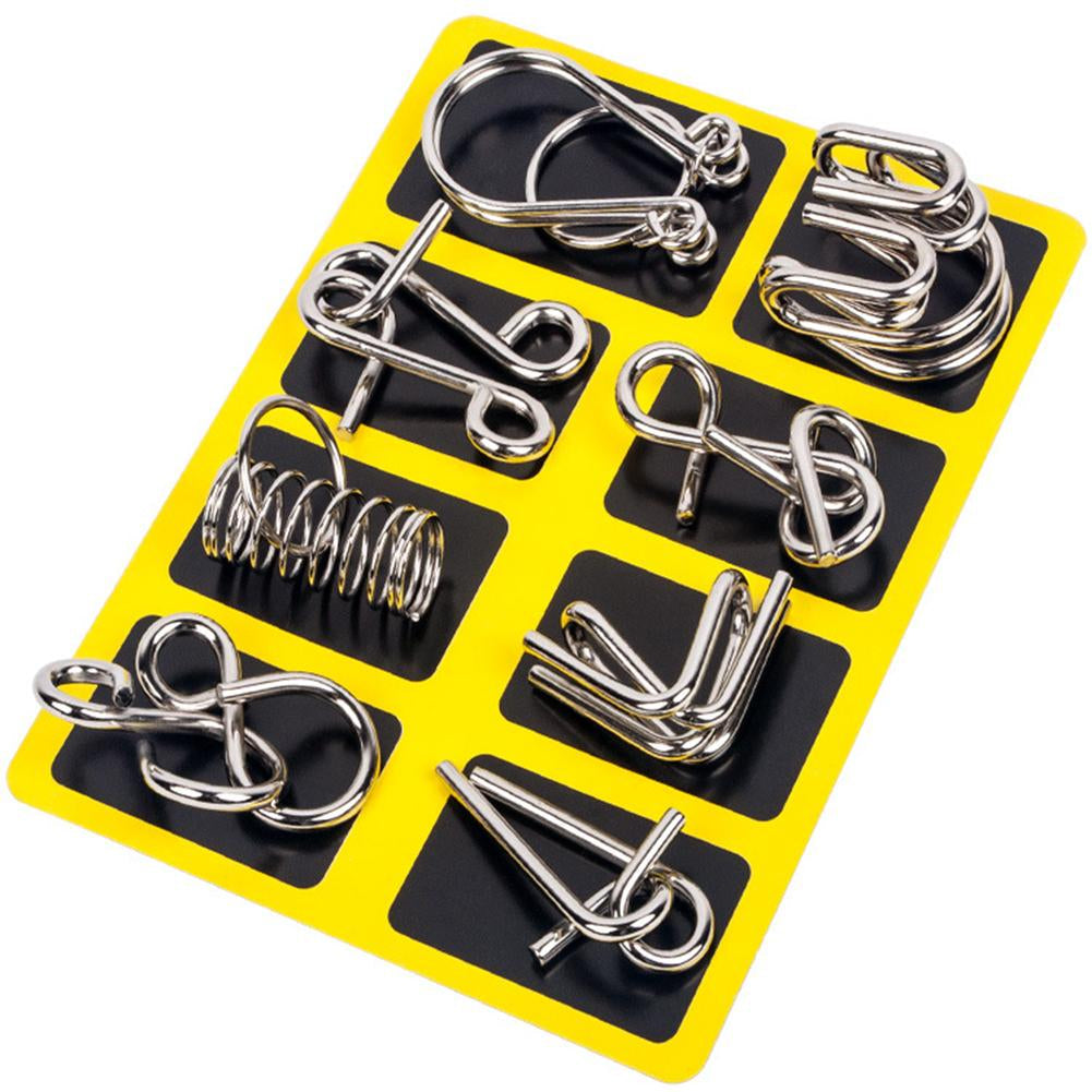 Eight interlocking metal puzzles arranged in a yellow tray.