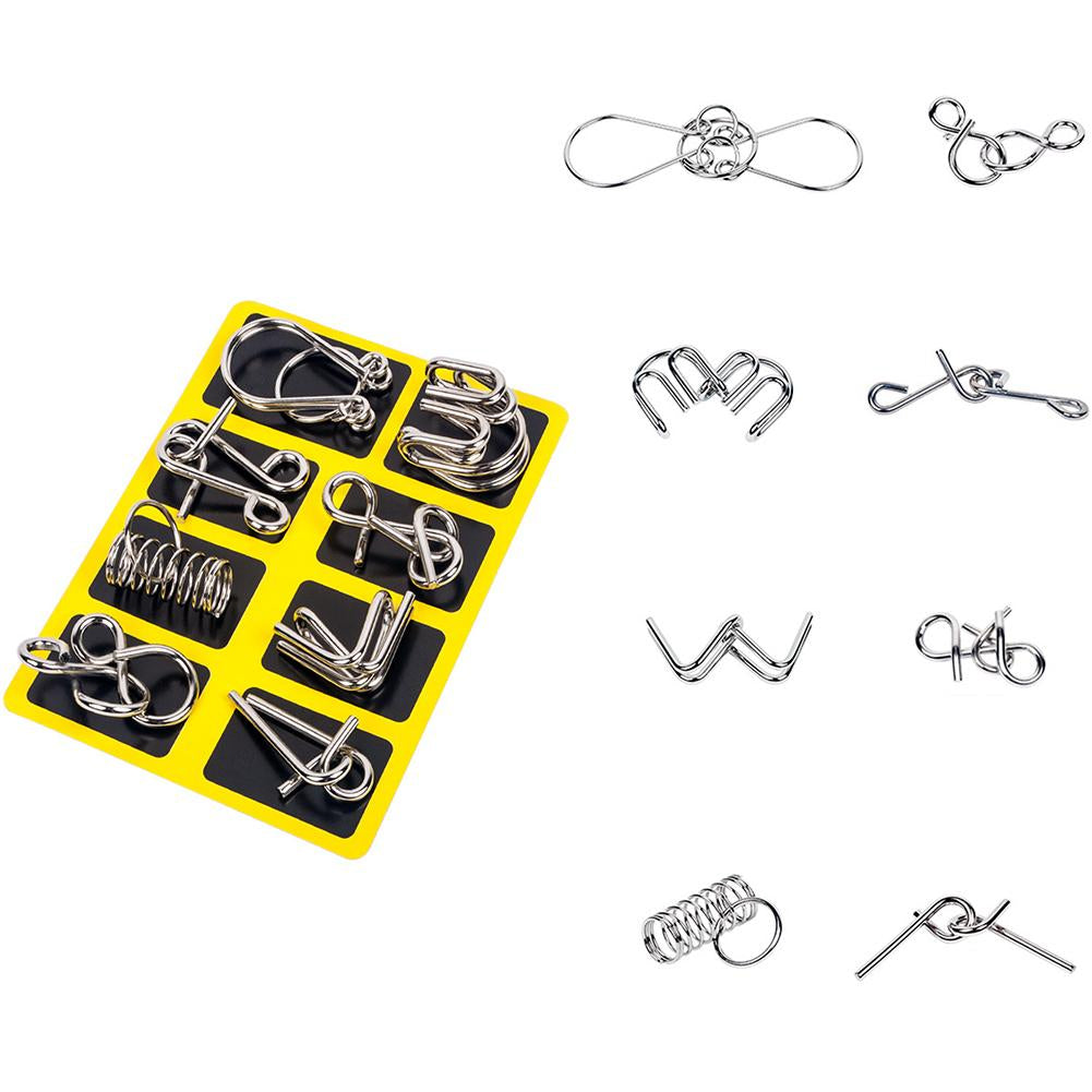 Yellow tray of metal puzzles beside individual interlocking ring designs.