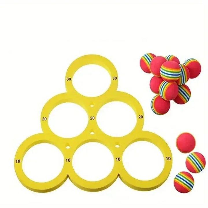 Yellow triangular six-ring pool game frame with multicolored balls