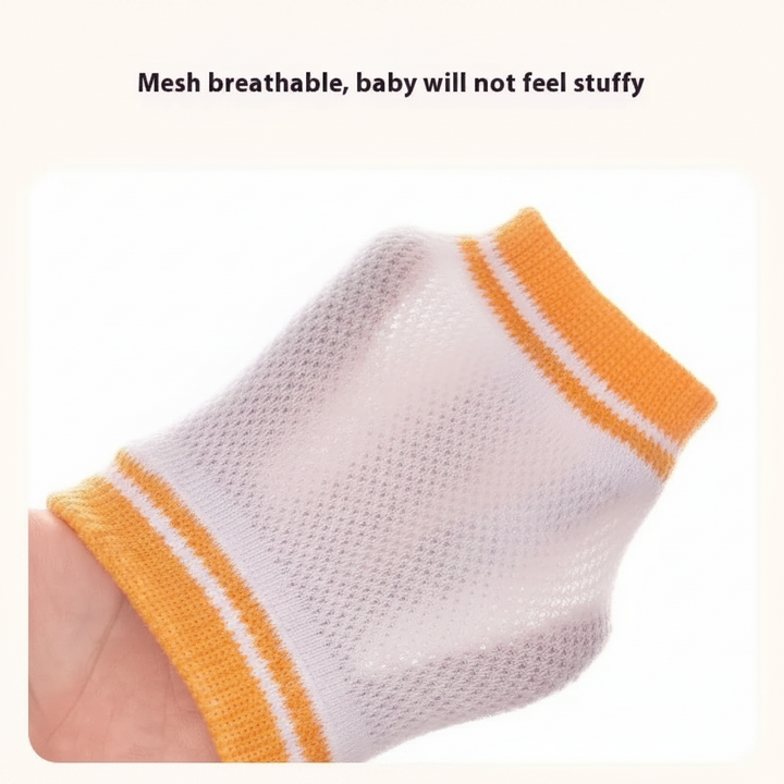 Close-up of white knit fabric stretched over a hand between yellow ribbed edges.