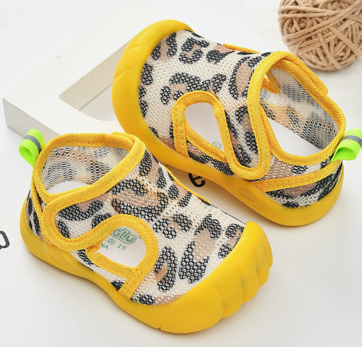 Beige leopard-print mesh sandals with yellow straps and toe caps