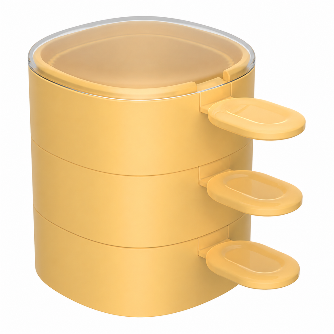 Yellow three-mold option shown stacked with three matching spoons and a transparent top lid.