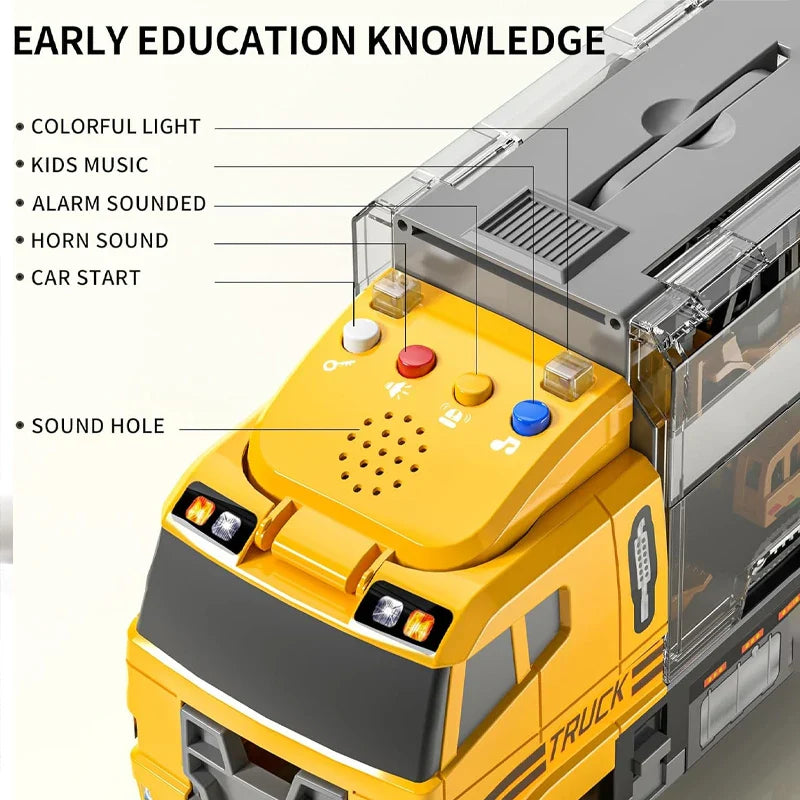 Close-up of colored light and sound buttons on the yellow toy carrier cab.