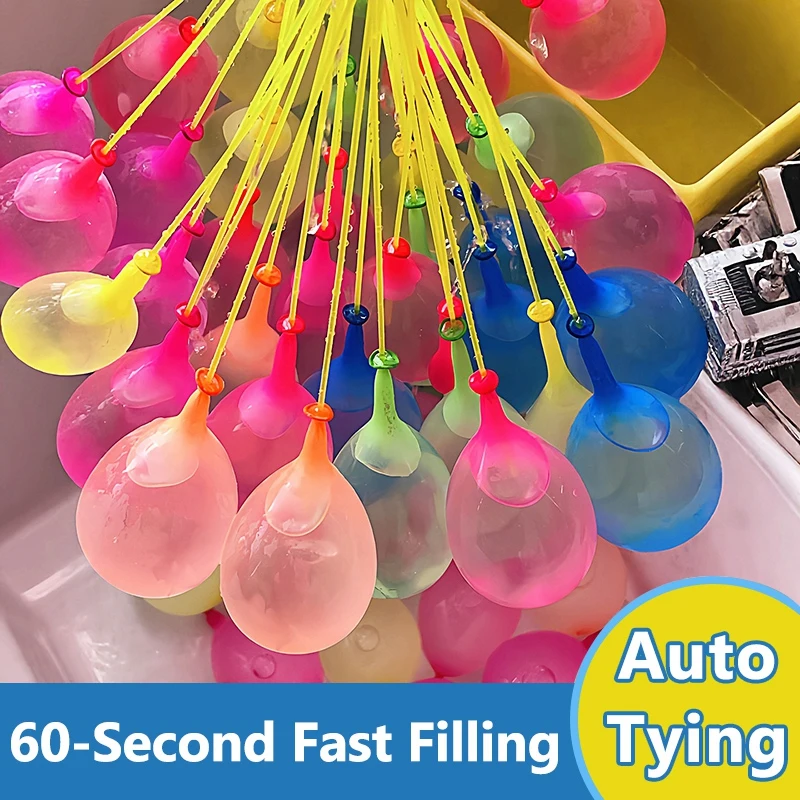 Multicolor water balloons attached to yellow filling tubes
