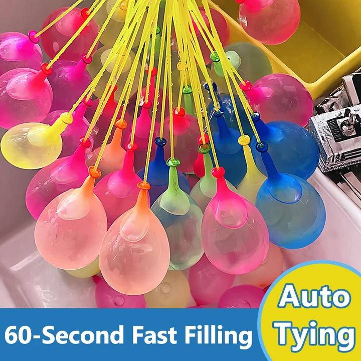 Multicolor water balloons attached to yellow filling tubes