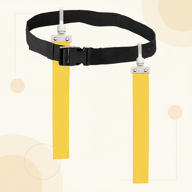Black adjustable flag football belt with two yellow flags and a front buckle