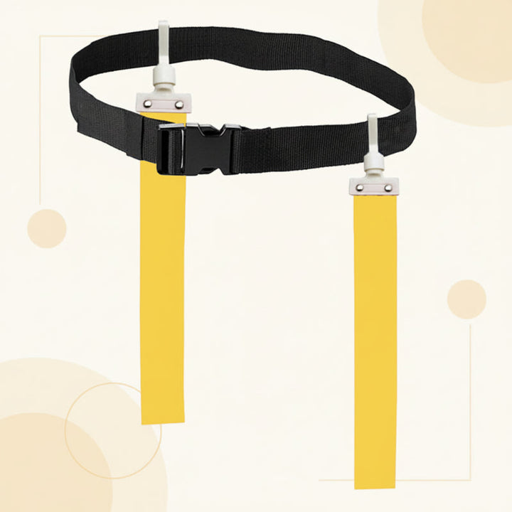 Black adjustable flag football belt with two yellow flags and a front buckle