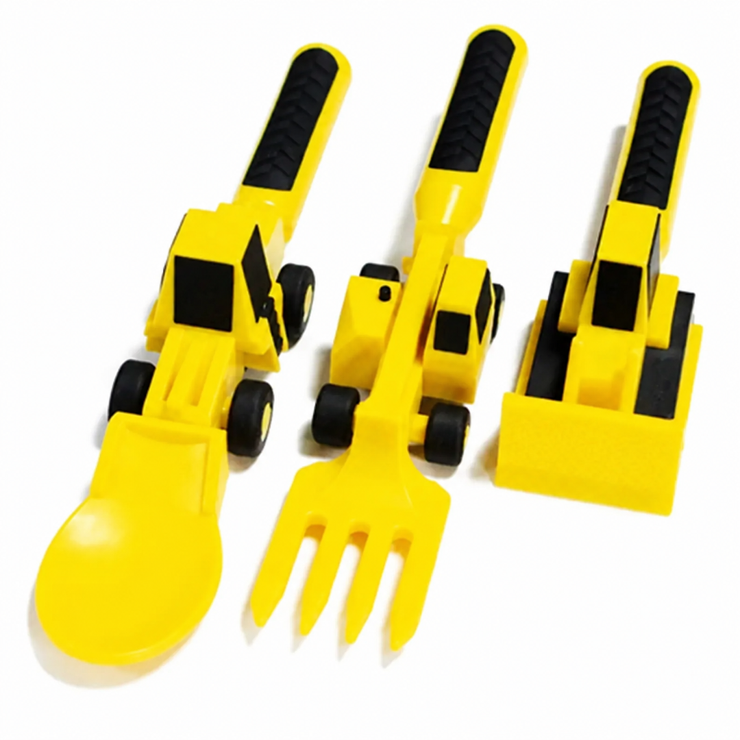 Three yellow construction-themed utensils with black handles: a spoon, fork, and shovel-shaped utensil.
