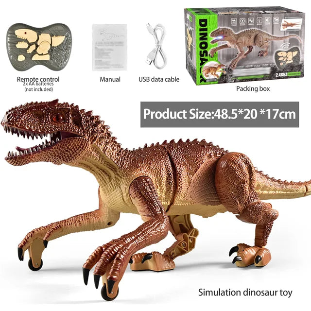 Yellow Velociraptor toy with remote, USB cable, manual, packaging and dimension graphic