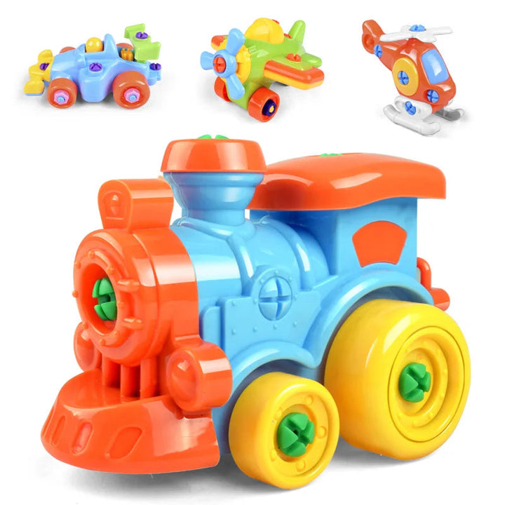 Blue and orange toy train with yellow wheels, shown below other toy vehicle designs