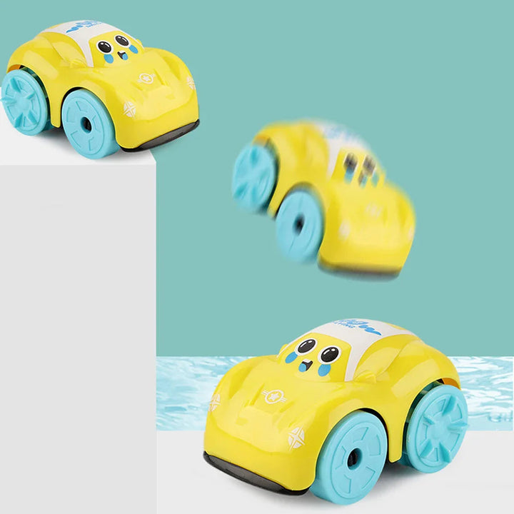 Yellow toy car shown moving from a ledge into water.