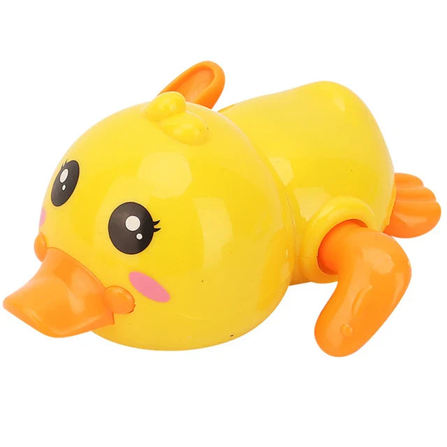 Yellow duck bath toy with an orange bill and side paddles.