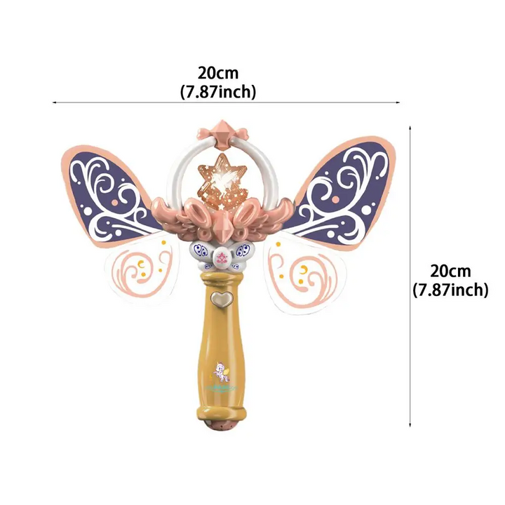 Yellow winged toy wand measurement guide showing 20 cm width and 20 cm height