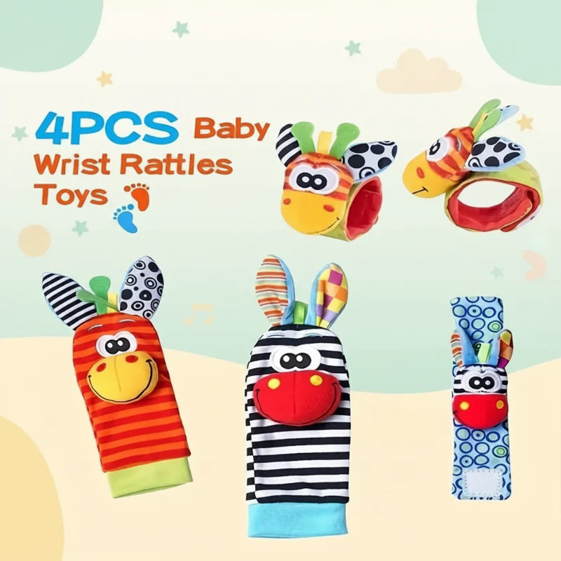 Two adjustable animal wrist rattles beside zebra and giraffe rattle socks with striped fabric.