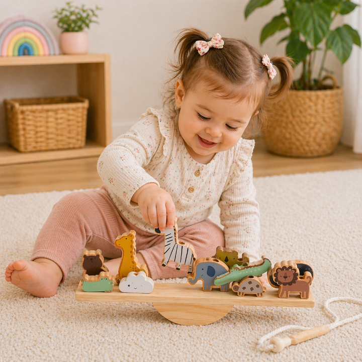 Child placing a zebra on an animal-themed wooden balance board