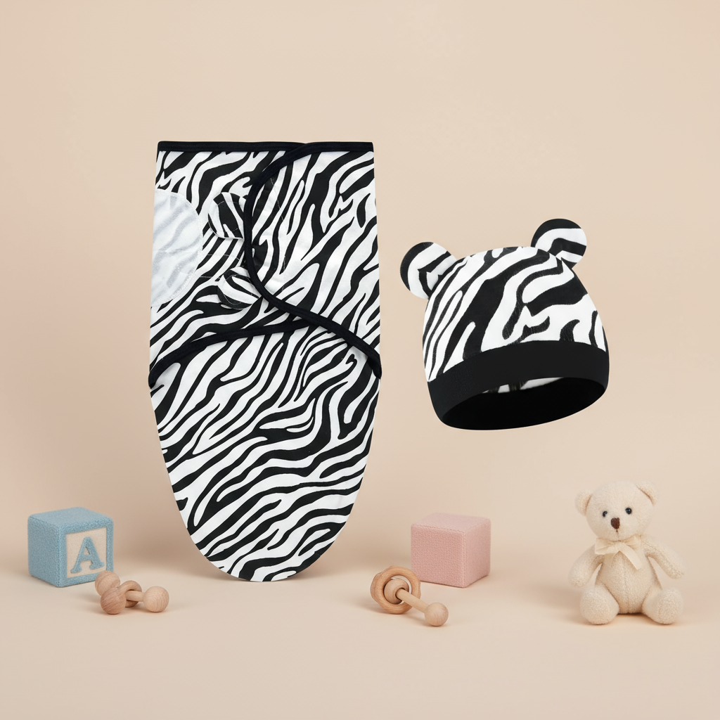 Black-and-white zebra-print wrap and matching hat with rounded ears.