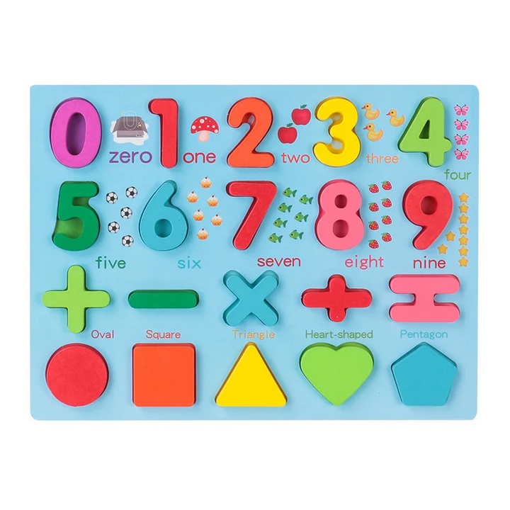 Wooden puzzle combining numbers 0 to 9, arithmetic symbols, and geometric shapes