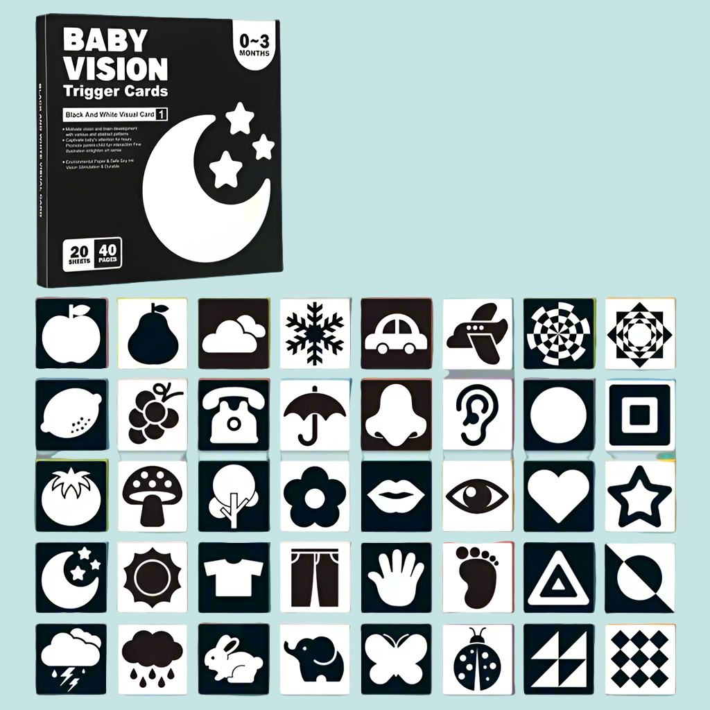 0–3 month picture card set with black-and-white objects, animals, and patterns