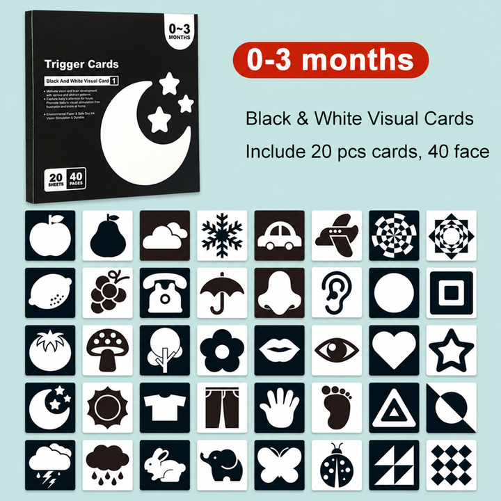 Moon-and-stars box and 40 black-and-white card designs for ages 0–3 months.