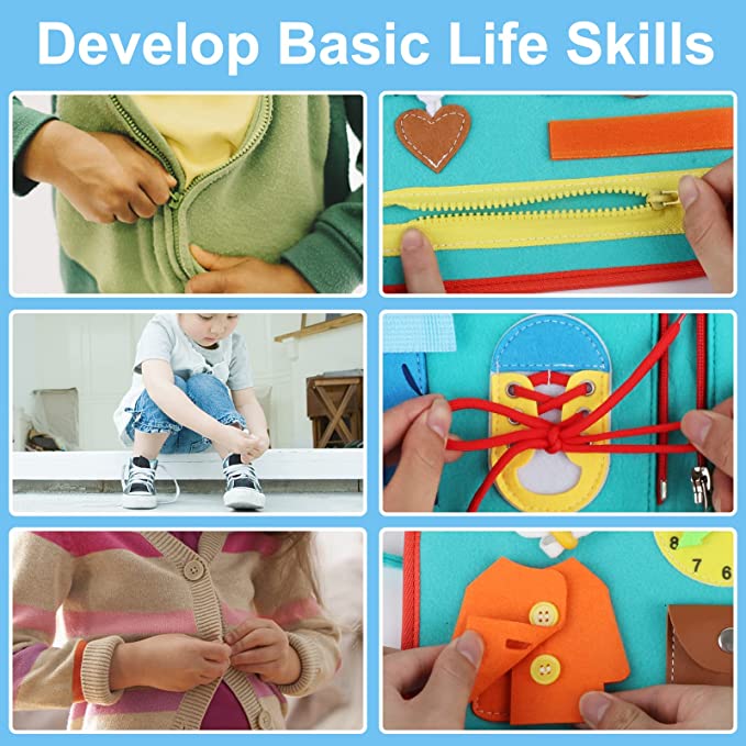Busy book zipper, shoelace and button activities alongside everyday dressing practice