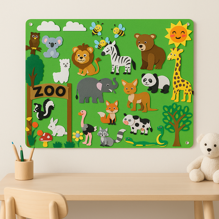 Green zoo felt board with a lion, zebra, giraffe, panda, and other animal pieces above a child&