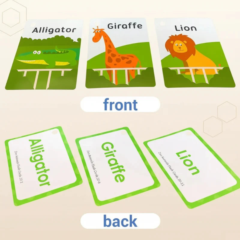 Zoo animal flash cards with illustrated fronts and word-only backs for alligator, giraffe, and lion.