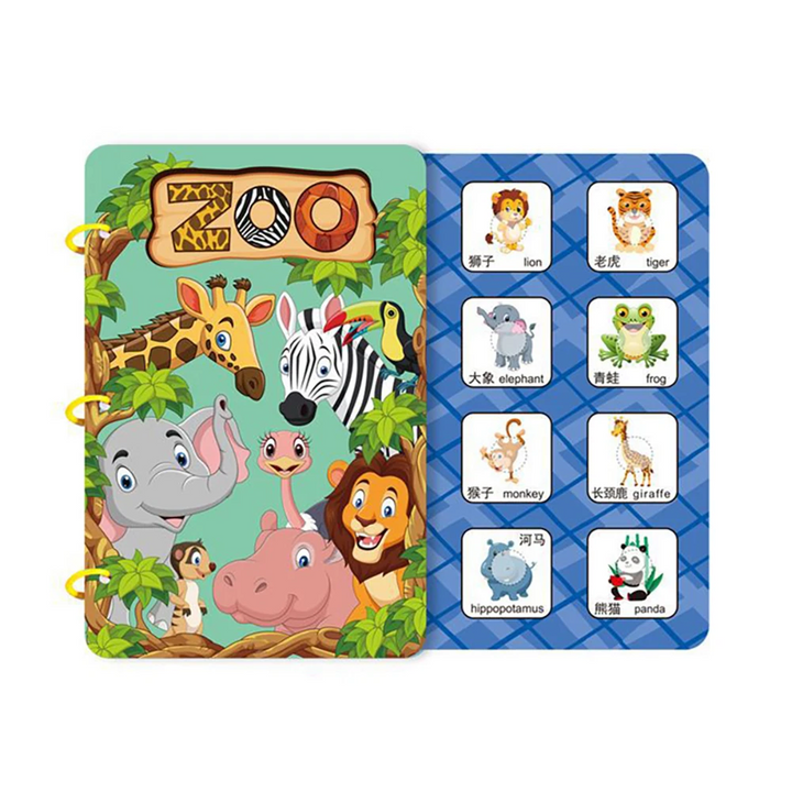Zoo activity book with labeled animal pieces, including a lion, tiger, elephant, and panda