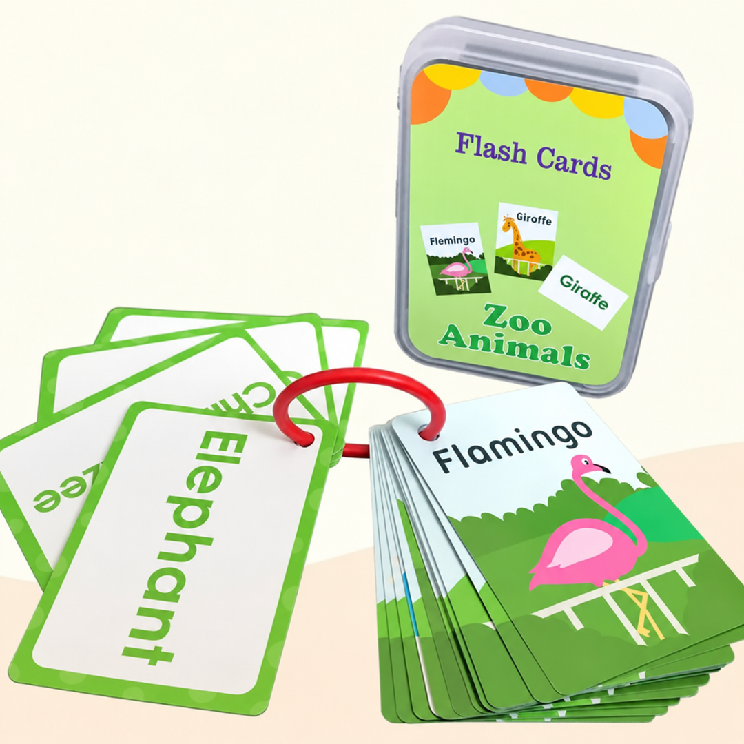 Zoo animal flash cards showing elephant and flamingo, with a ring and storage case.
