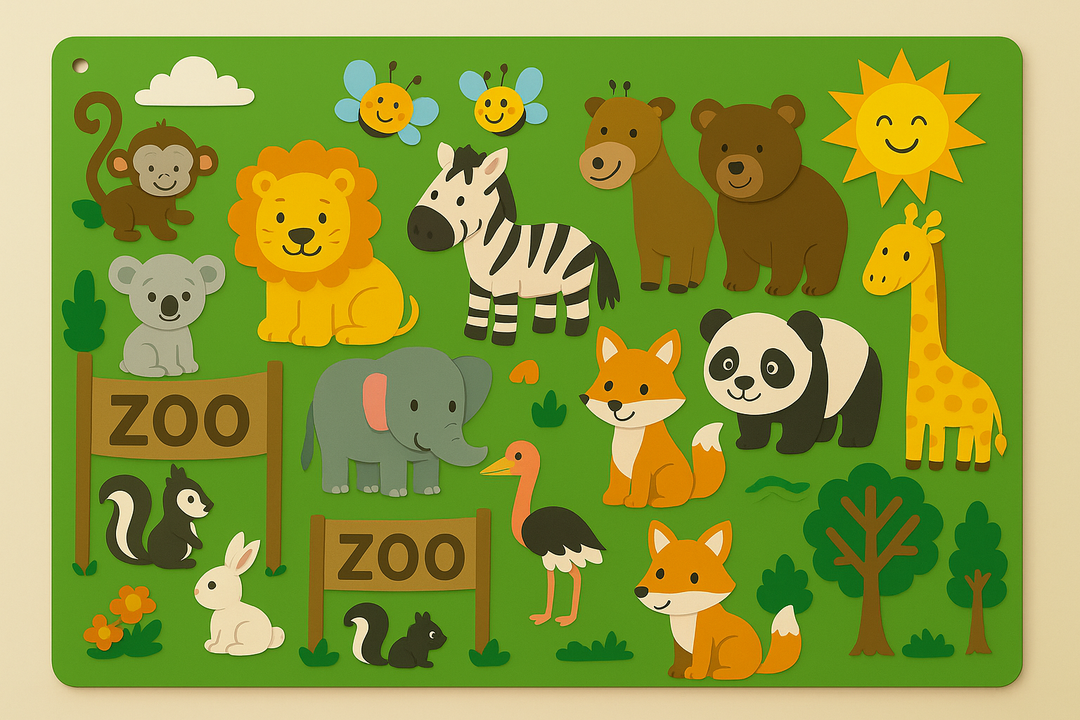 Zoo scene felt board with a giraffe, zebra, lion, elephant, bear, panda, and other animals